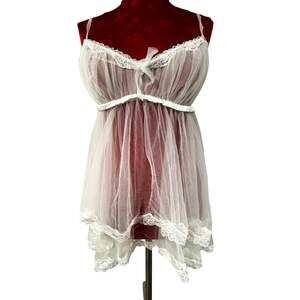 Victorias Secret 'I Do' lingerie sz L sheer white baby doll top cami lace trim